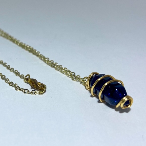 Deep Blue Sandstone Gemstone Pendant Necklace on Gold Chain - Picture 1 of 3